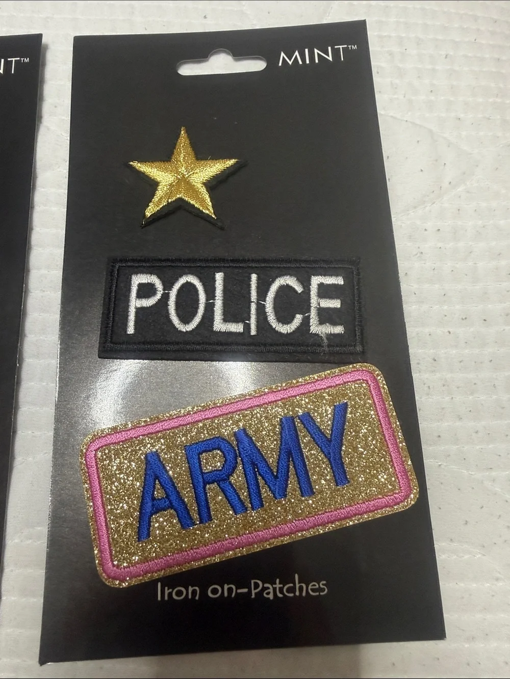 Set of 2 MINT Iron-On Patch Set - Gold Star, POLICE & ARMY Patches